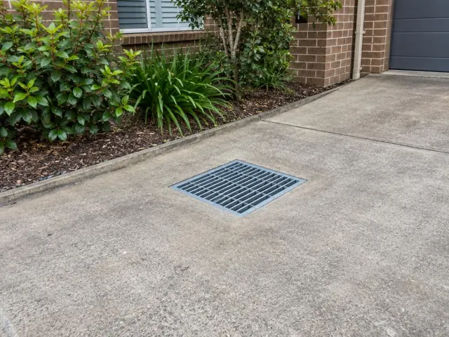 Concrete driveway with a clean flush stormwater grate beside brick house landscaping in The Ponds